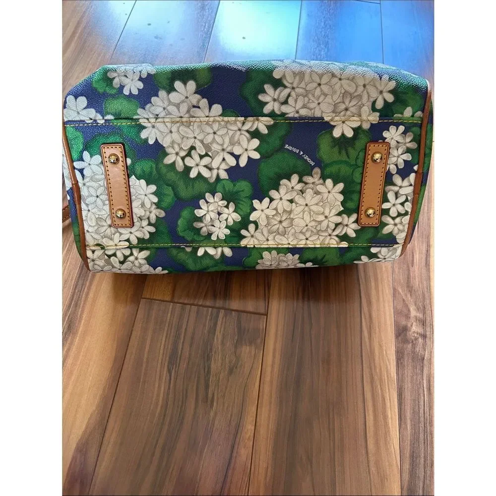 Dooney & Bourke Hydrangea Floral Pebble Grain Leather Satchel with Tan Trim